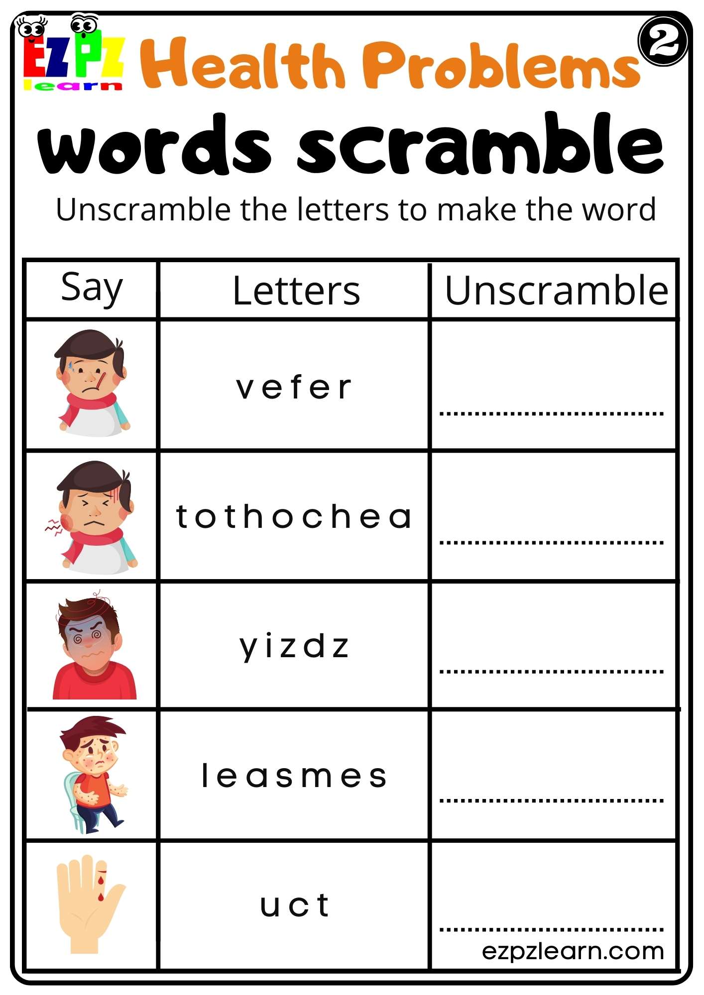 Health Problems Word Scramble Worksheet for K5 Kids and ESL Students Free PDF Download Set 2